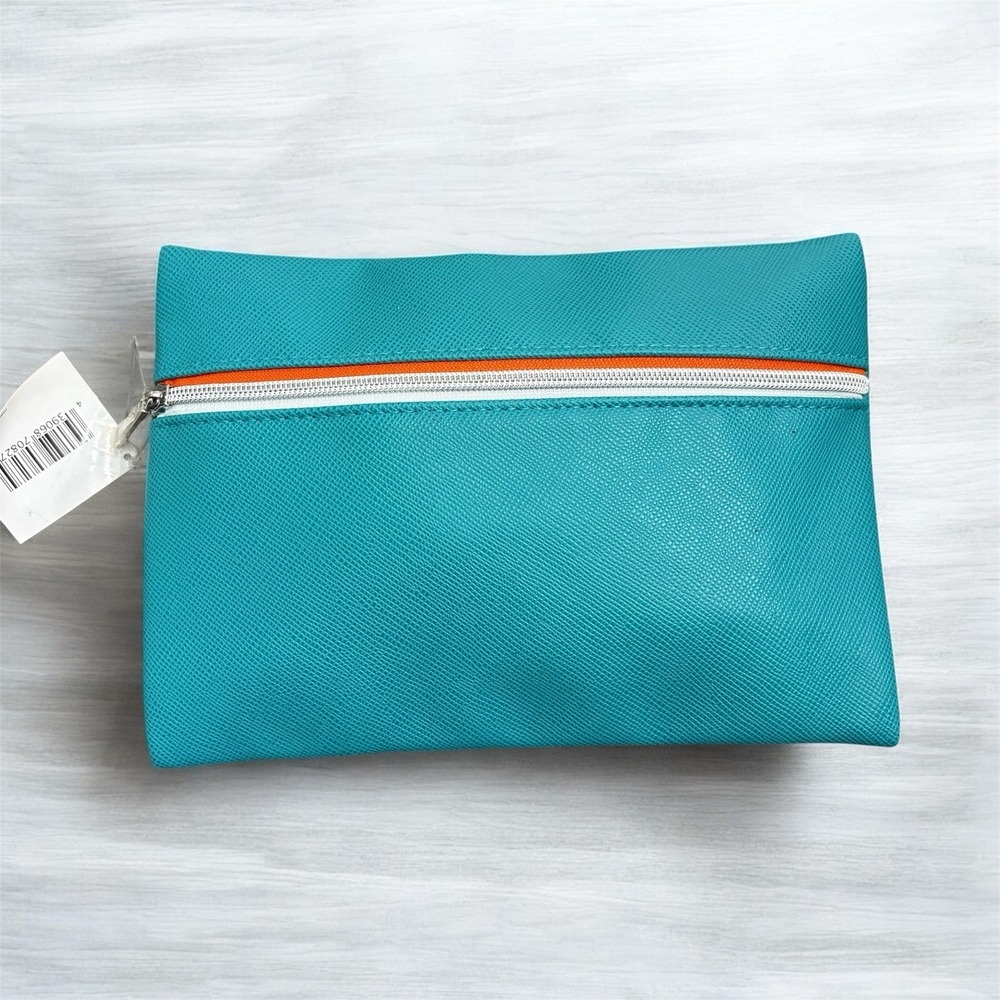 Nordstrom Teal Cross-Grained Texture Cosmetic Pouch Orange White Stripe Zip NWT